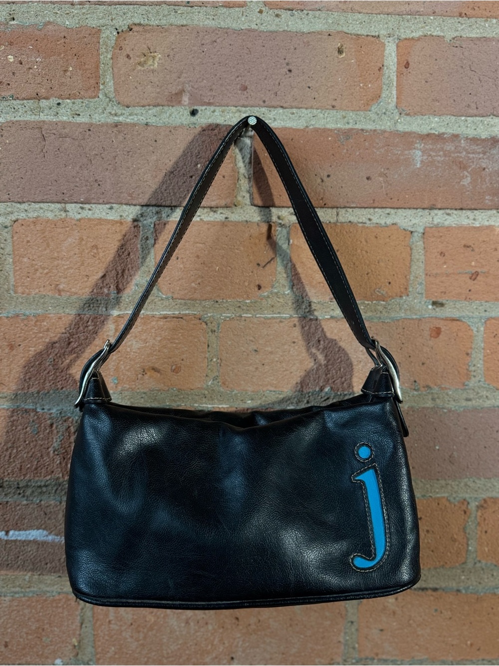 Liz Claiborne Black Leather Crossbody Bag with Blue 'J' Accent